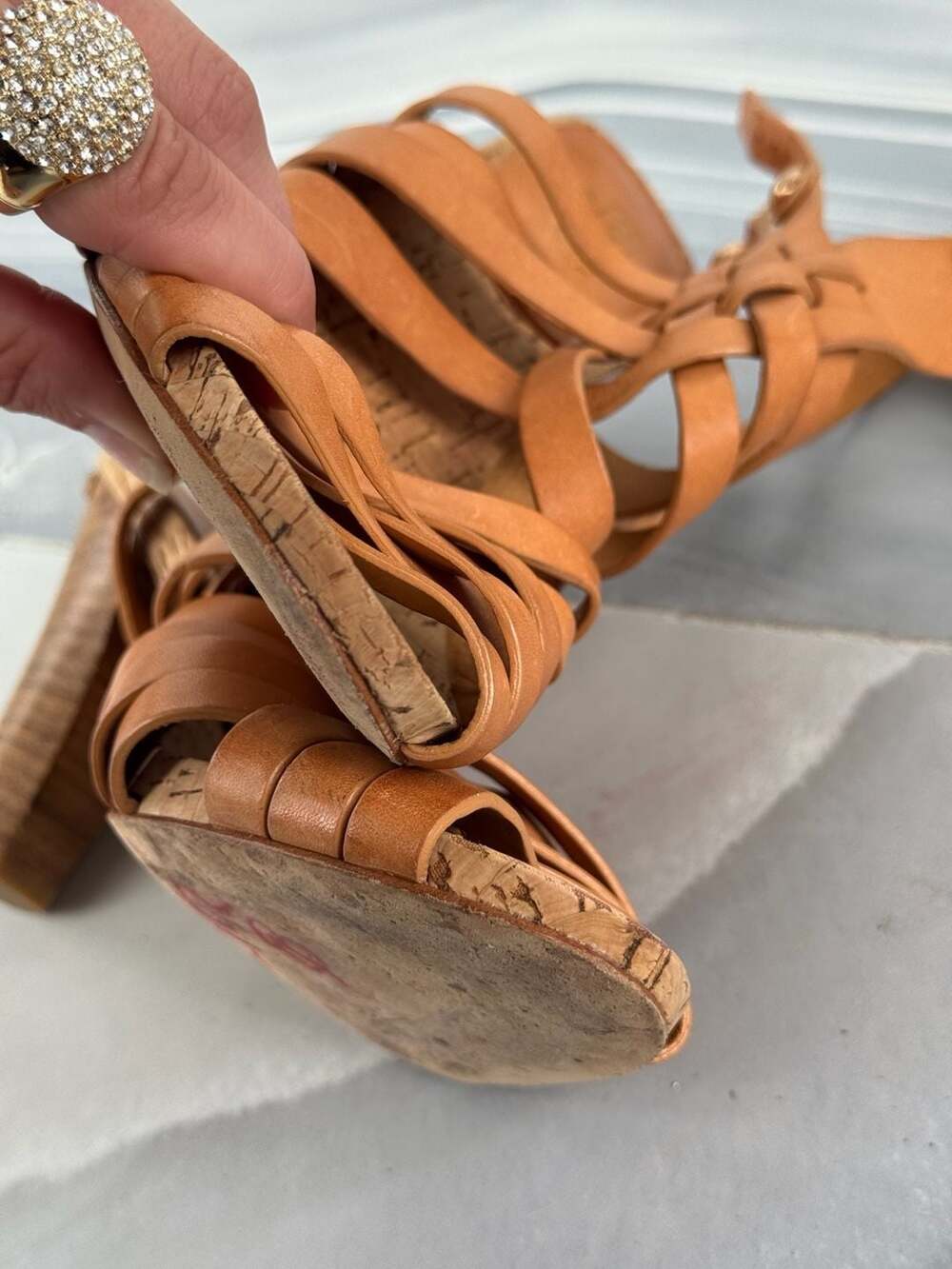 Coach Tan Woven Leather Strappy Cork Platform Sandals Size 8.5 - Picture 8 of 8